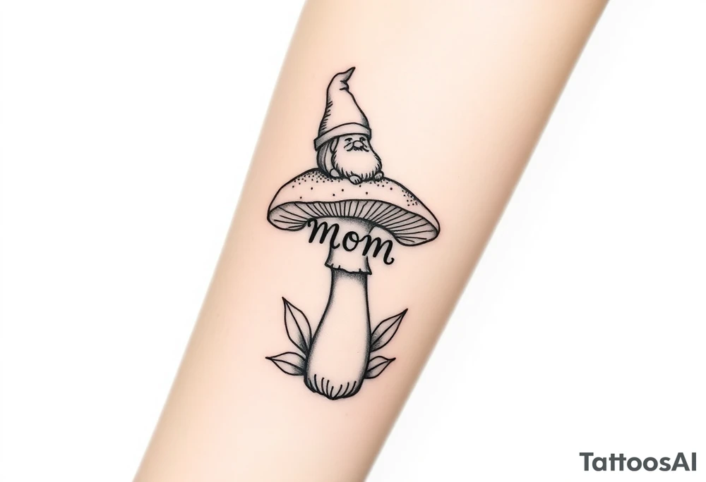 Mushroom with word mom on it with gnome sitting on top tattoo idea