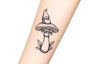Mushroom with word mom on it with gnome sitting on top tattoo idea