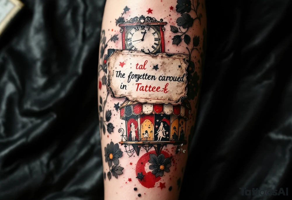 Tim Burton’s forgotten carousel ticket lies torn and weathered in dusty red, cream, and smudged ink black. tattoo idea