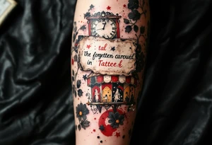 Tim Burton’s forgotten carousel ticket lies torn and weathered in dusty red, cream, and smudged ink black. tattoo idea