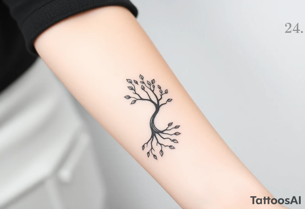 A tree with few leaves, with an outward spiral (moving to the right), as its roots, encircling the entire tree tattoo idea