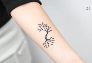 A tree with few leaves, with an outward spiral (moving to the right), as its roots, encircling the entire tree tattoo idea