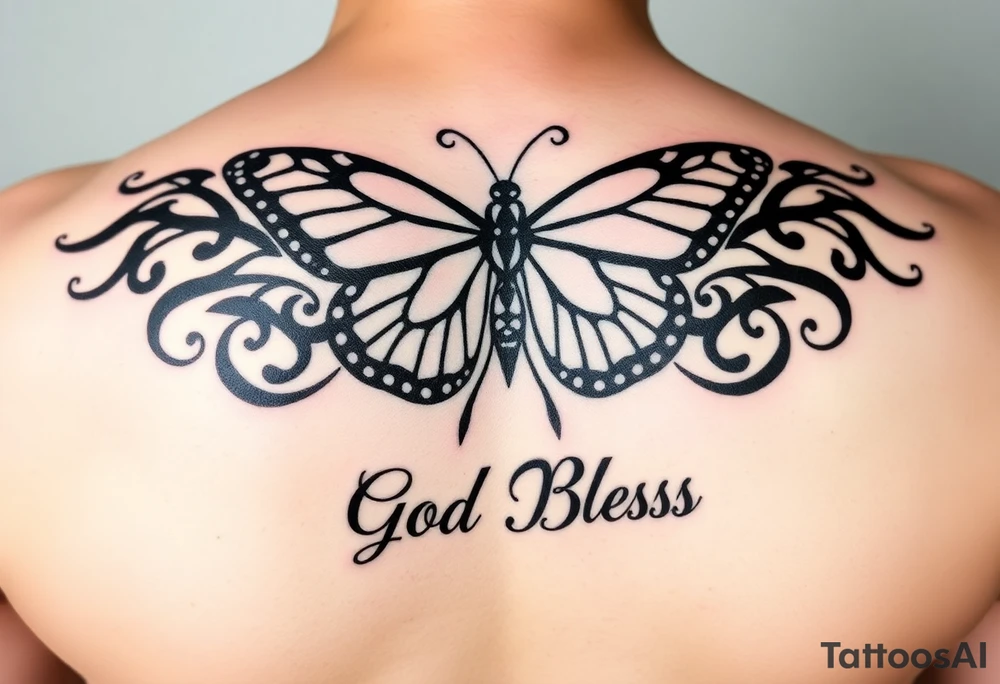 The words No Rush with a monarch butterfly in the same tatto with the words God Bless with a fishing pole. Tattoo is masculine for the upper arm. More artistic tattoo idea