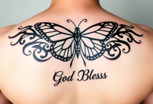 The words No Rush with a monarch butterfly in the same tatto with the words God Bless with a fishing pole. Tattoo is masculine for the upper arm. More artistic tattoo idea