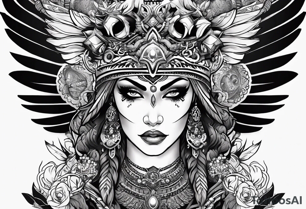 black kali, goddess pirate, alien, pachamama, valkrye, warrior, skull, lotus azul, wing, eagle, zenza resonance, stars, one side chest tattoo idea