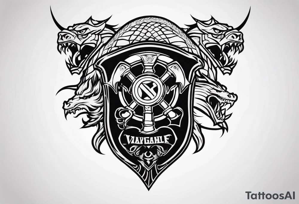 Valhalla sword shield dragon head axe tattoo idea