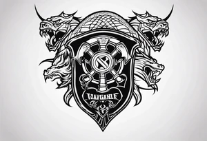 Valhalla sword shield dragon head axe tattoo idea