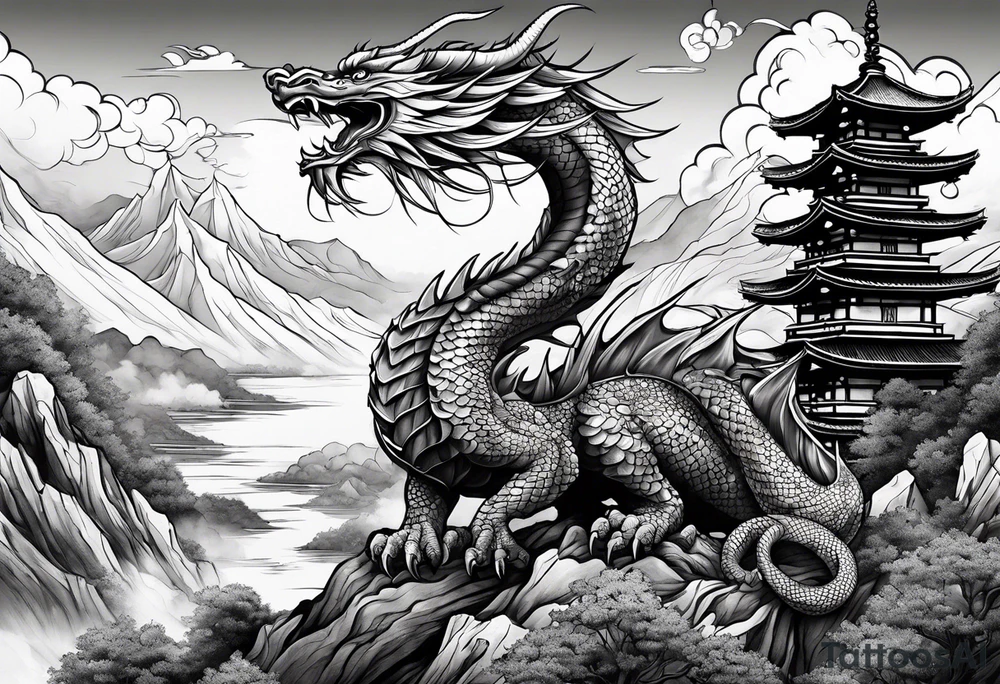 beautiful warrior fairy and a dragon and the background will be mountains, clouds, and a Japanese building tattoo idea