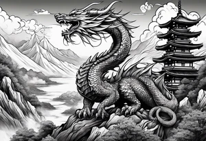 beautiful warrior fairy and a dragon and the background will be mountains, clouds, and a Japanese building tattoo idea