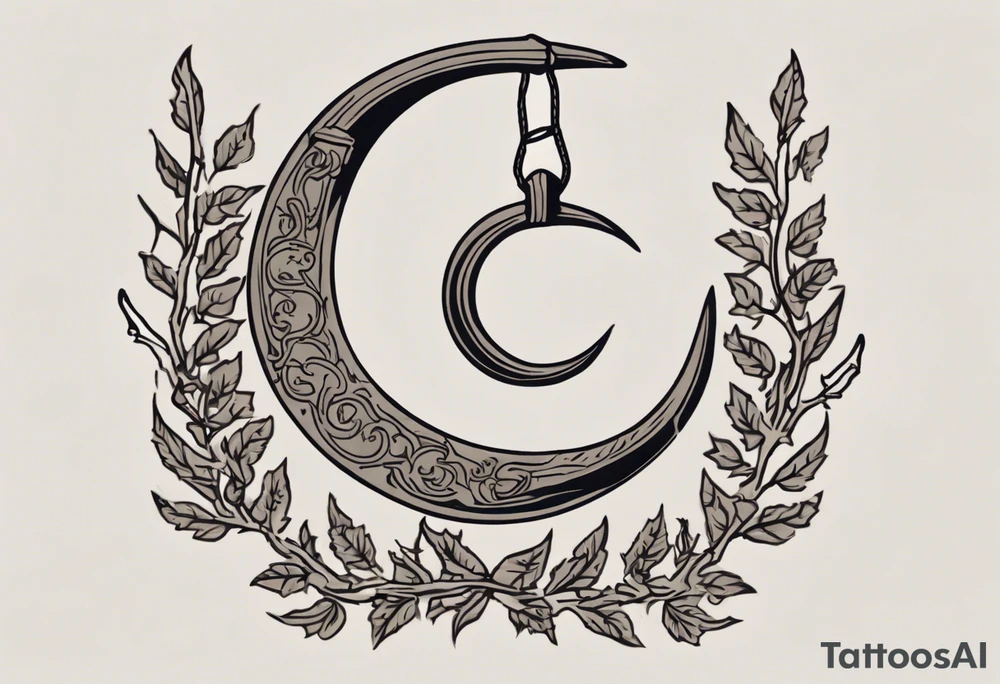 A druid sickle in the shape of a 1/4 moon, the handle has a acorn on the hilt, on the opposite side of the sickle there are four leafs,  an oak leaf in the spring, a birch leaf in the summer, a maple leaf with fall colors, and a pine leaf in the winter tattoo idea