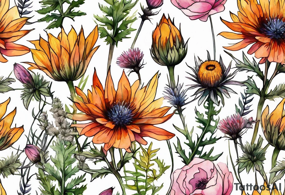 wildflowers with thistles, ferns, burnt orange flower, white flowers, pink flowers, and yellow flowers all in watercolor tattoo idea