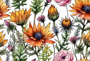 wildflowers with thistles, ferns, burnt orange flower, white flowers, pink flowers, and yellow flowers all in watercolor tattoo idea