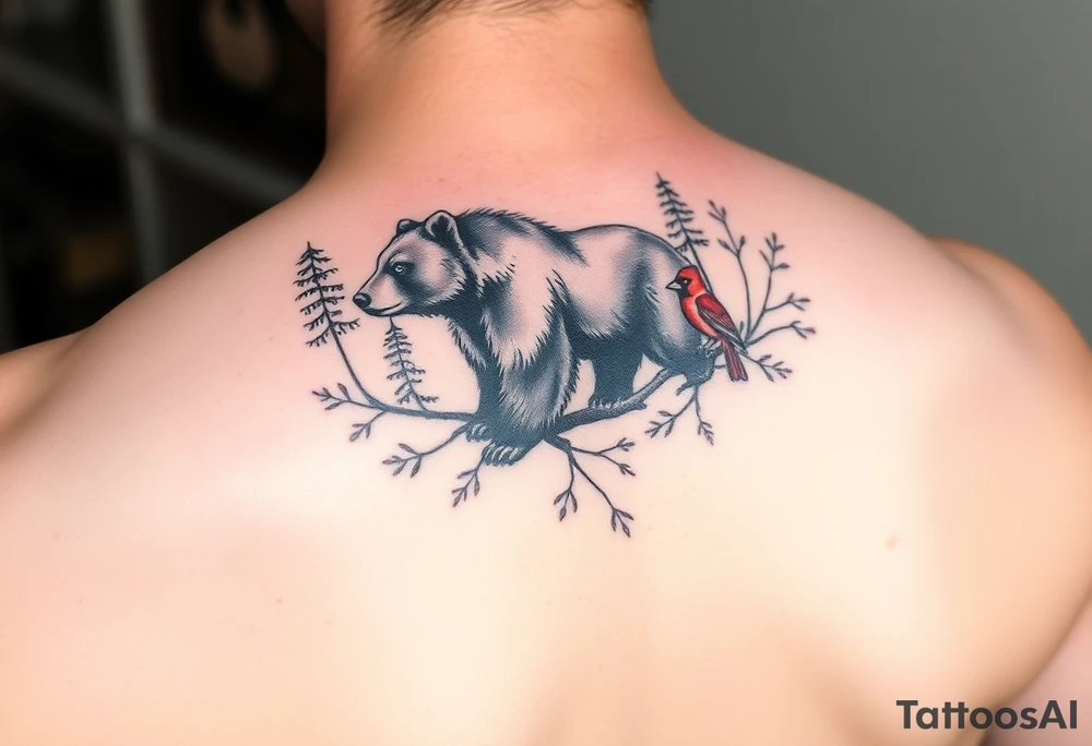 Realistic Woodland with a bear, woodpecker and cardinal tattoo idea