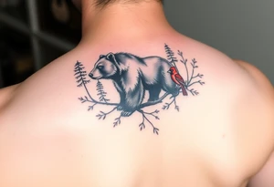 Realistic Woodland with a bear, woodpecker and cardinal tattoo idea