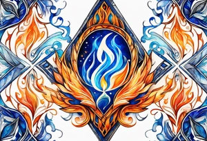Twin flame symbol with blue and orange fire. Intricate lining and watercolor paint for the fire tattoo idea
