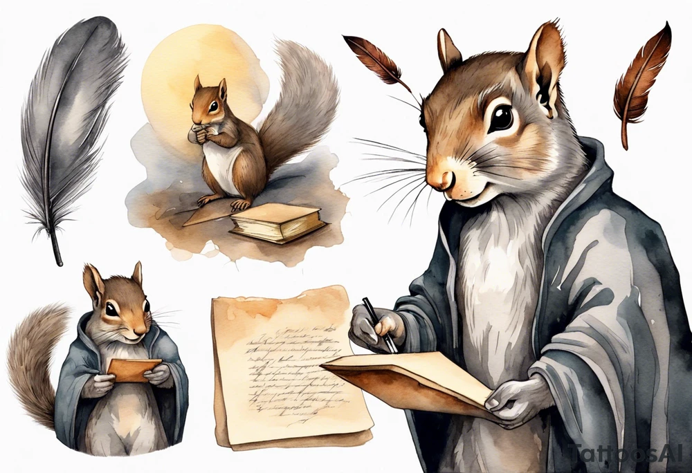 an elderly grey squirrel with a beard dressed in a grey cloak sitting in the dark holding a feather quill writing a letter by candlelight tattoo idea
