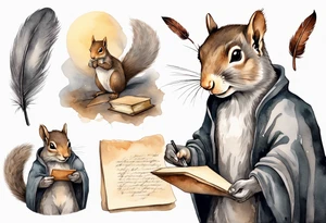 an elderly grey squirrel with a beard dressed in a grey cloak sitting in the dark holding a feather quill writing a letter by candlelight tattoo idea