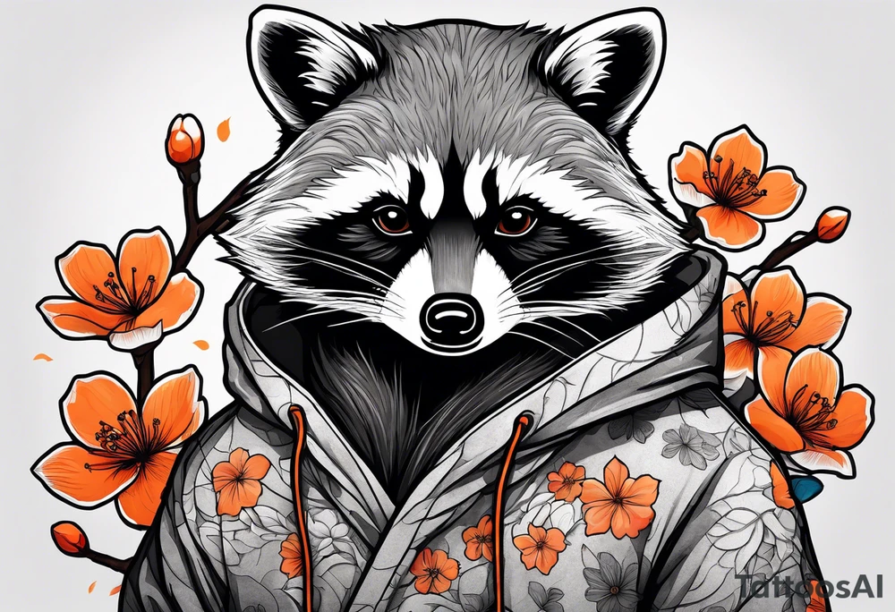 raccoon wearing a black and white Superman hoodie and orange Japanese cherry blossoms tattoo idea