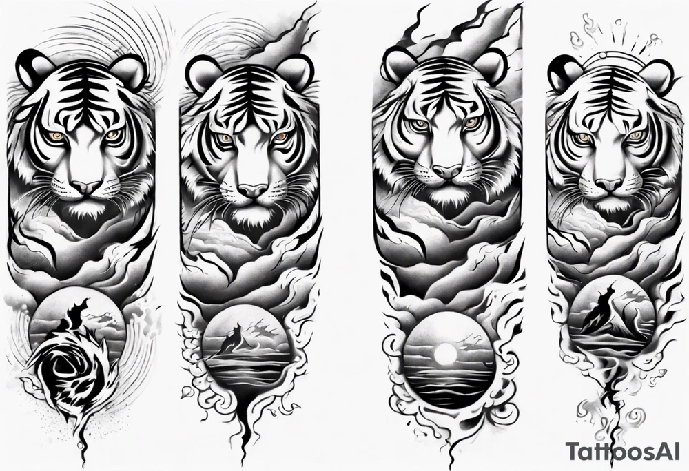 Tiger sleeve tattoo with lightning and the sun
Forearm sleeve tattoo idea