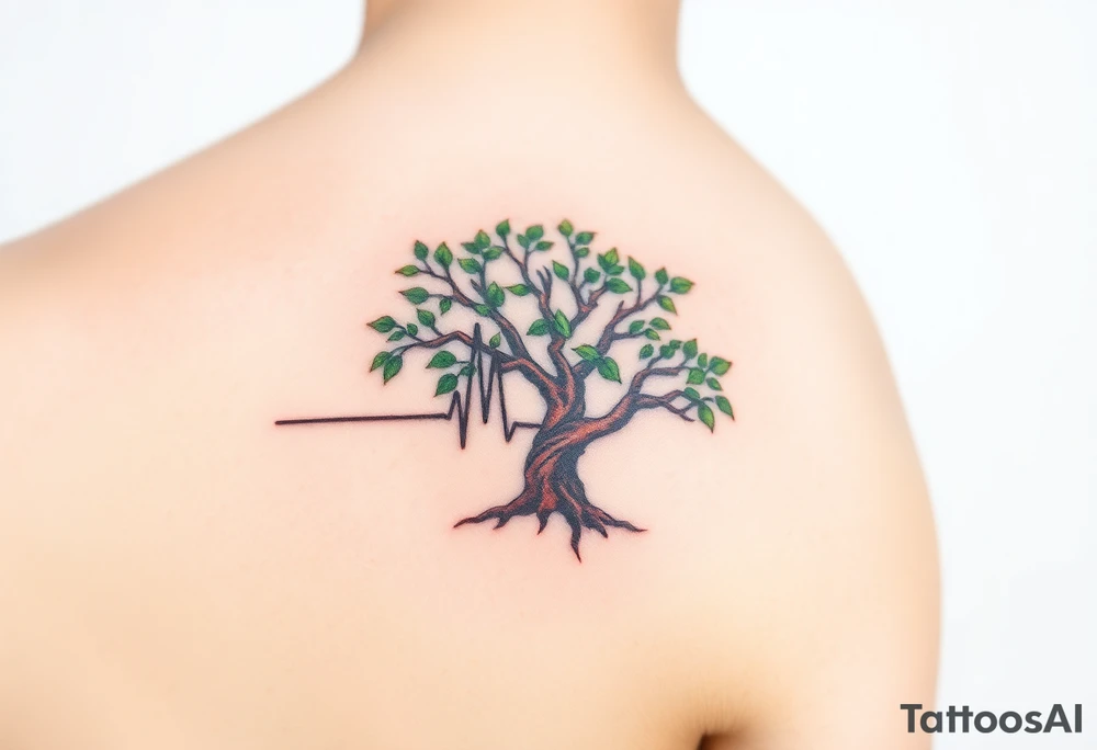 A heartbeat line flowing into a tree silhouette, with green leaves and brown bark, symbolizing the growth and strength of love tattoo idea