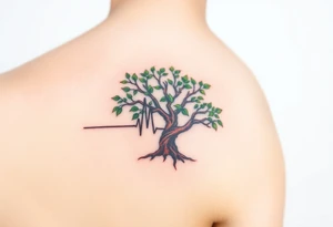 A heartbeat line flowing into a tree silhouette, with green leaves and brown bark, symbolizing the growth and strength of love tattoo idea