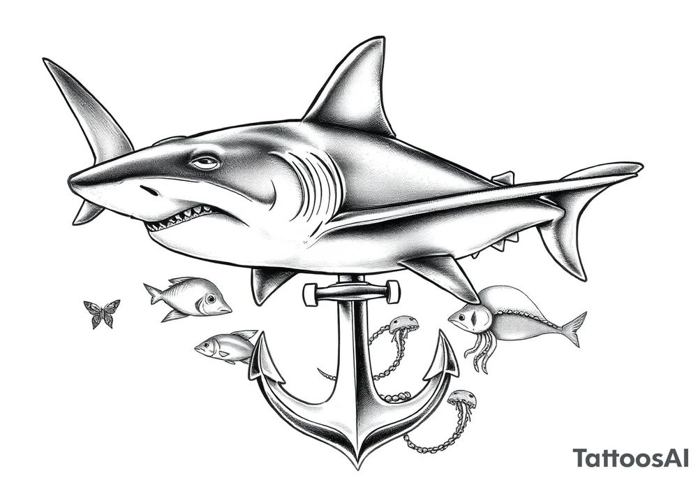 a hammerhead shark, under it an anchor,fishes,jellyfisches,octopus. tattoo idea