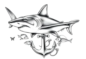a hammerhead shark, under it an anchor,fishes,jellyfisches,octopus. tattoo idea