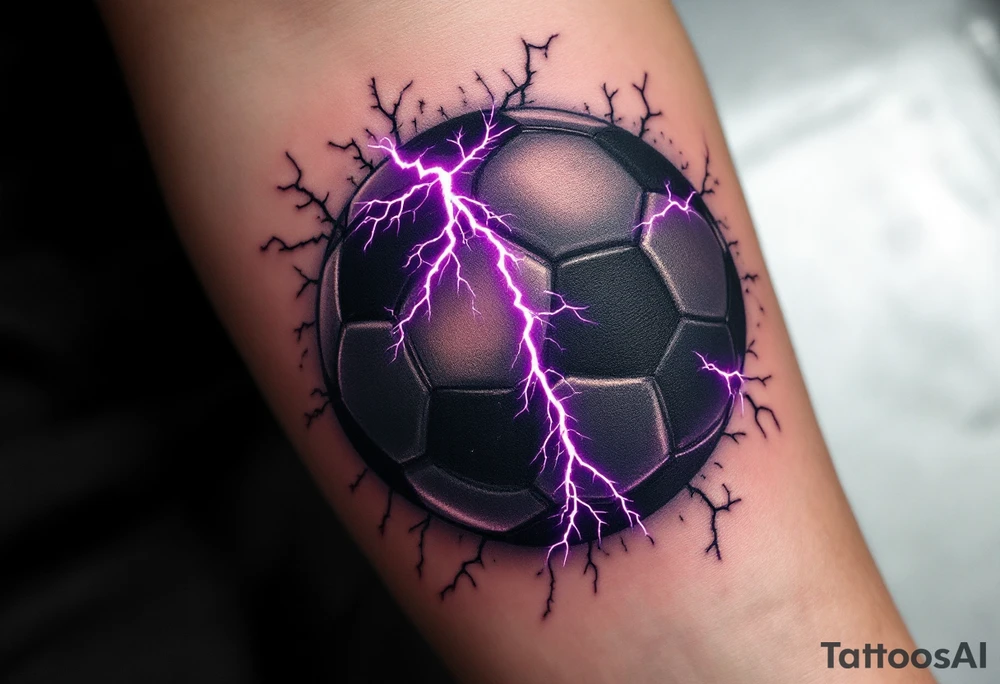 A black soccer ball with purple lightning bolts cracking across its surface. tattoo idea