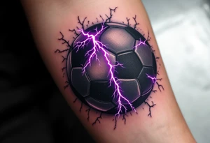A black soccer ball with purple lightning bolts cracking across its surface. tattoo idea
