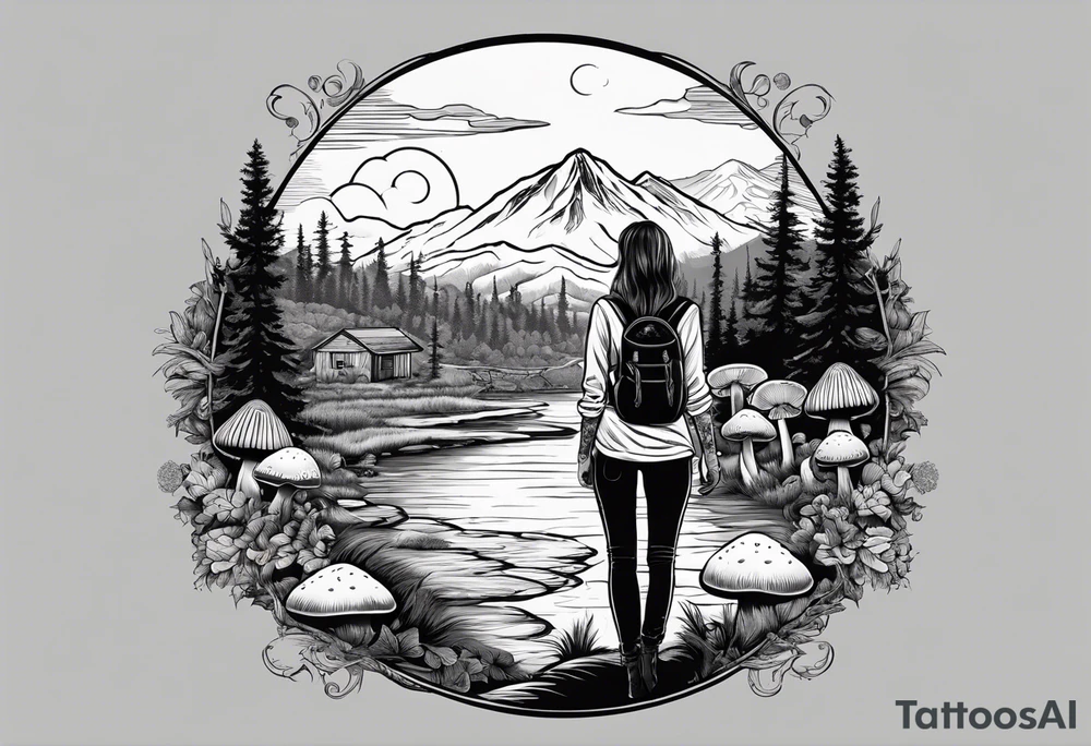 Whole picture encircled fully

Straight long blonde hair hippie girl in distance holding mushrooms in hand facing away toward mountains and creek surrounded by mushrooms long sleeve shirt and hiking pants; whole rendering within a full circle, no cut off circle tattoo idea
