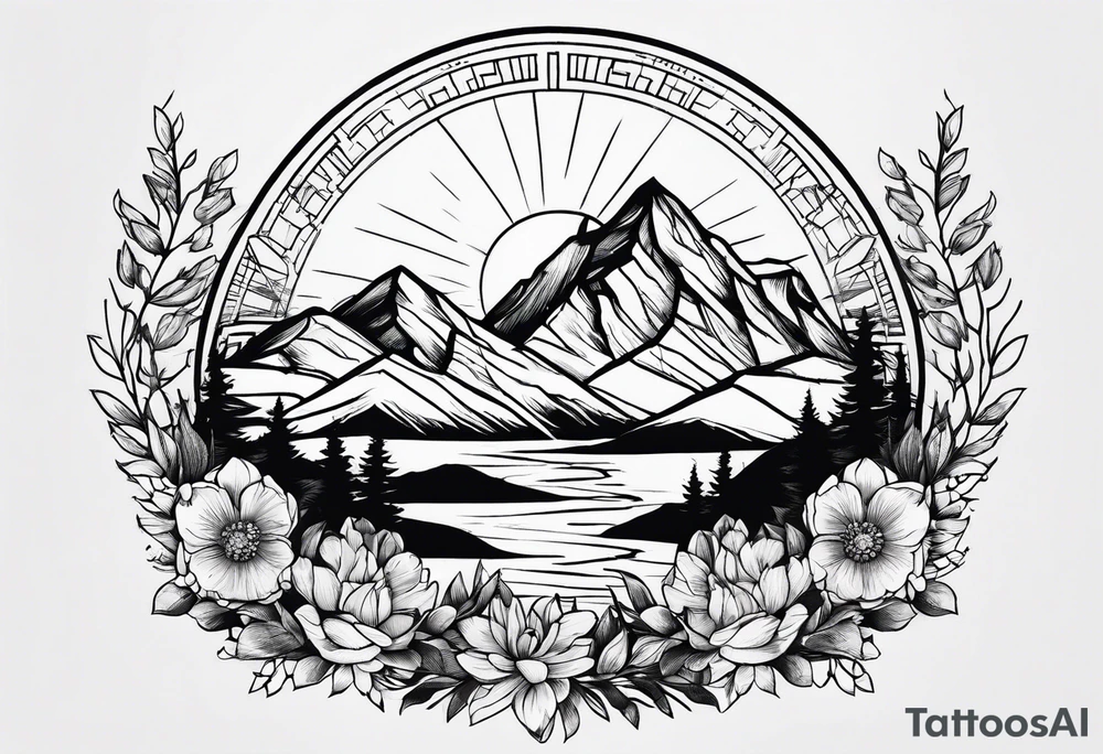 small, mountains, sun, wildflowers tattoo idea
