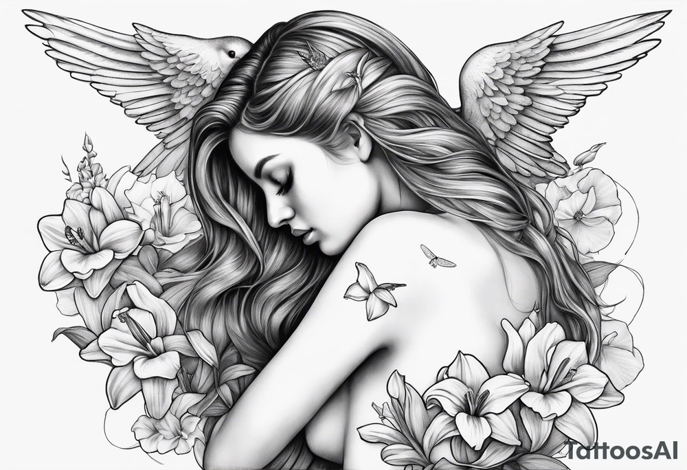 sad angel from behind with head down and face covered by her hair surrounded by lily, daffodil, rose, daisy, narcissus holding a hummingbird tattoo idea
