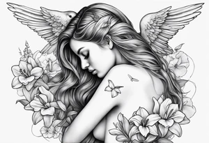 sad angel from behind with head down and face covered by her hair surrounded by lily, daffodil, rose, daisy, narcissus holding a hummingbird tattoo idea