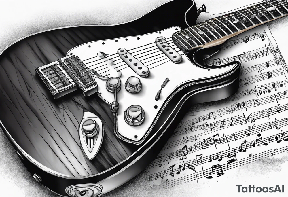 Electric guitar fading into sheet music tattoo idea