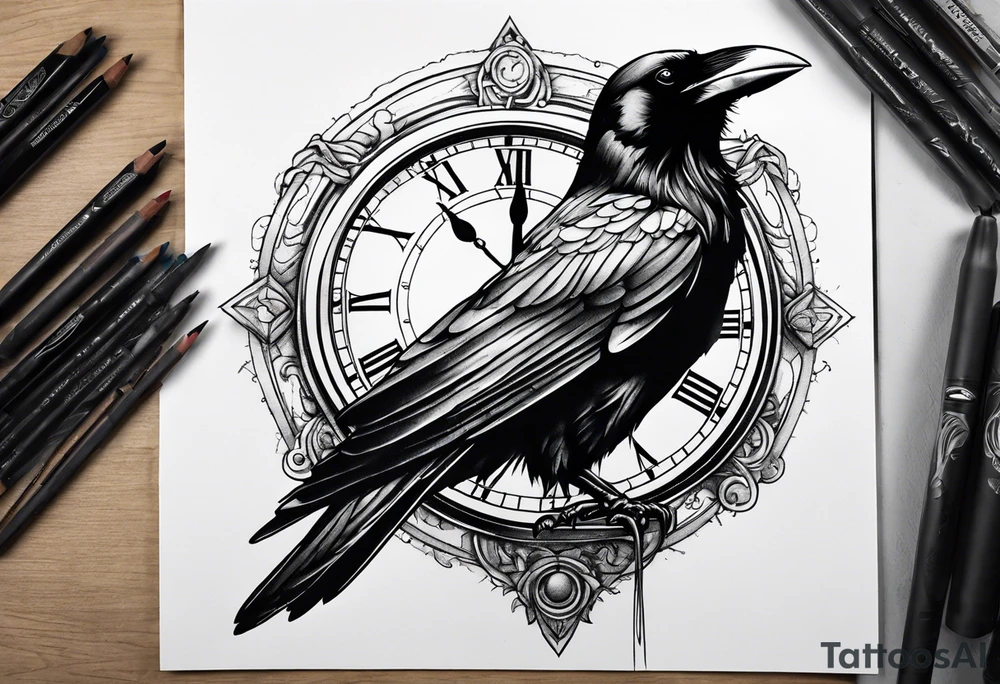 raven perched on clock tattoo idea