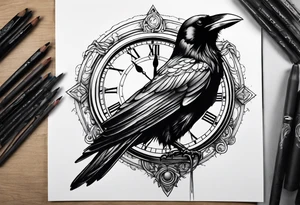 raven perched on clock tattoo idea