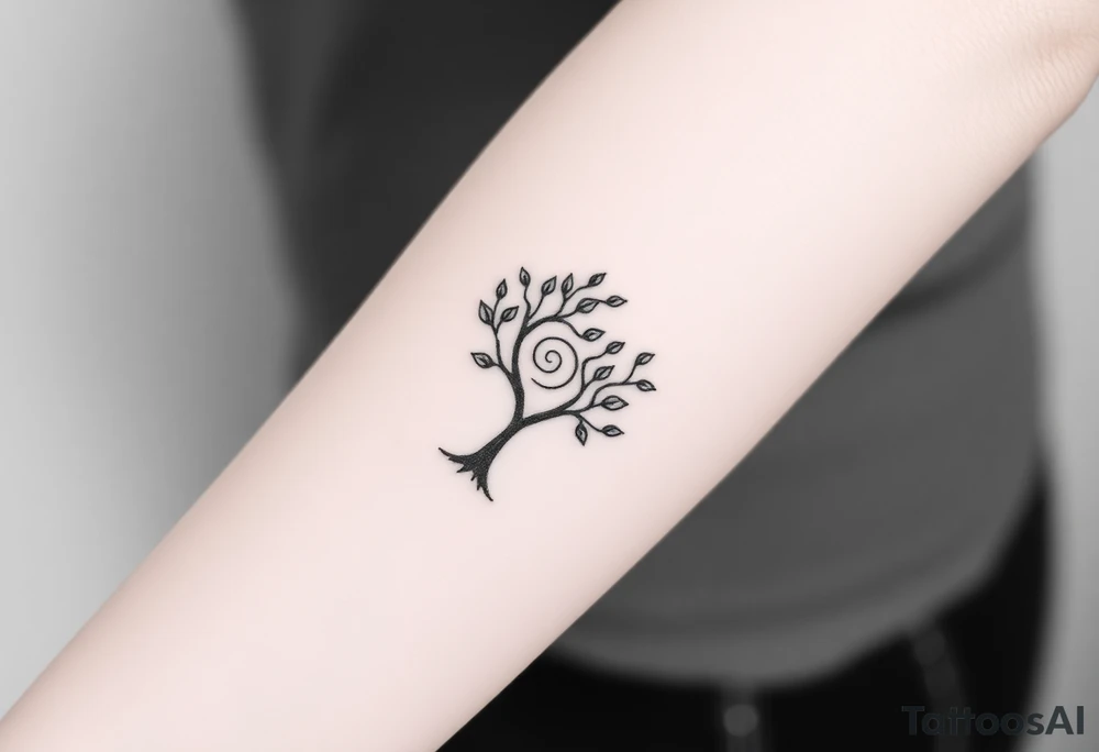 A tree with fee leaves, with a spiral line coming from the center of the tree and moving outward tattoo idea