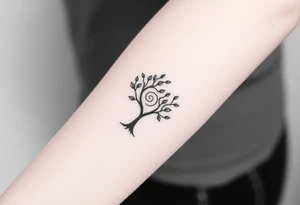A tree with fee leaves, with a spiral line coming from the center of the tree and moving outward tattoo idea