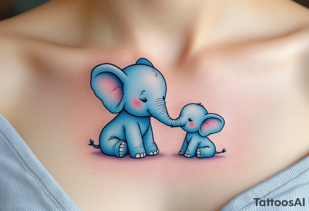 Mama elephant and baby elephant in pastel blue, trunks forming a heart, drawn with thick black outlines. tattoo idea