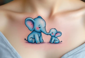 Mama elephant and baby elephant in pastel blue, trunks forming a heart, drawn with thick black outlines. tattoo idea