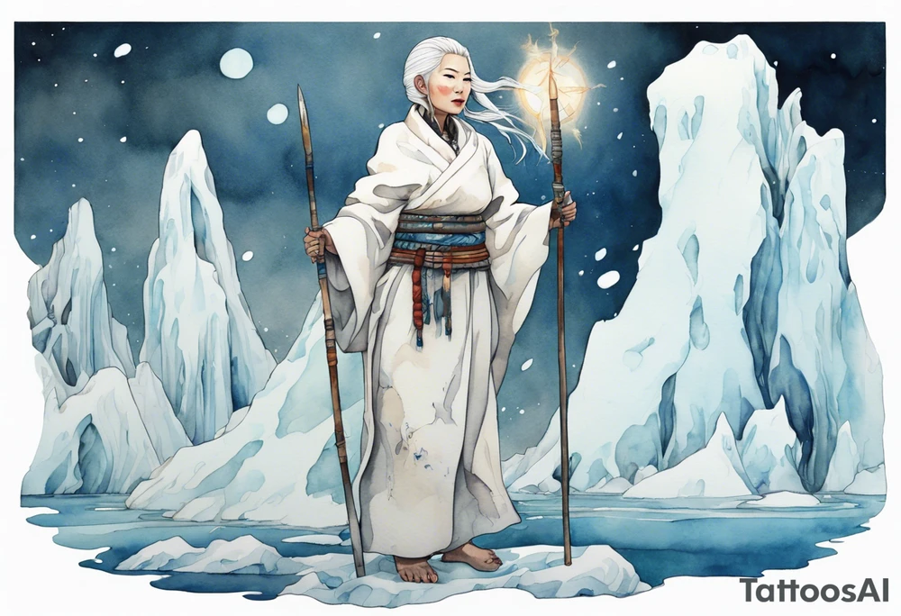 a 40 year old Inuit woman with white hair and a white robe holding a white staff, standing on an iceberg tattoo idea
