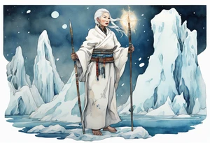 a 40 year old Inuit woman with white hair and a white robe holding a white staff, standing on an iceberg tattoo idea