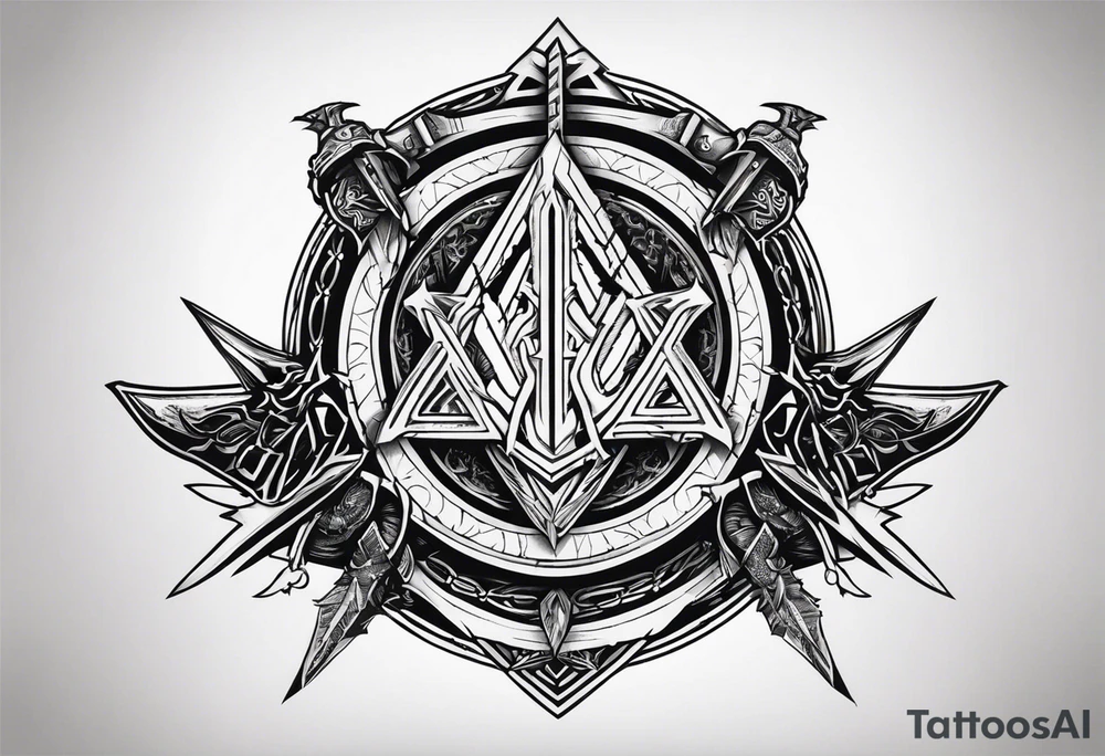 Valhalla sword shield dragon axe Valknut barbed wire chains tattoo idea Valhalla sword shield dragon axe Valknut barbed wire chains tattoo idea