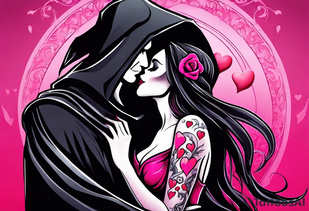 new school tattoo of a male grim reaper with black cloak kissing a female grim reaper in a bright pink cloak with small hearts in pink and red surrounding them tattoo idea