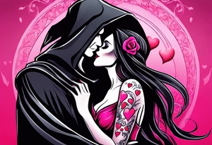 new school tattoo of a male grim reaper with black cloak kissing a female grim reaper in a bright pink cloak with small hearts in pink and red surrounding them tattoo idea