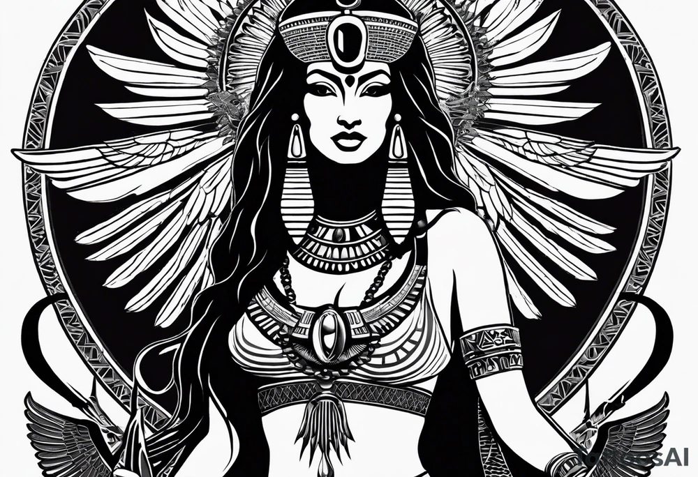 black and white Egyptian goddess Isis, who is often depicted as a woman with outstretched wings, holding an ankh (a symbol of life) in one hand and a lotus flower in the other. Her headdress often includes a throne or a solar disk. The tattoo design can vary in style and size, but it typically aims to capture the essence of this revered Egyptian deity, emphasizing her beauty, power, and maternal qualities. The choice of colors and additional elements can also be customized to create a unique and visually striking representation of the goddess Isis tattoo idea