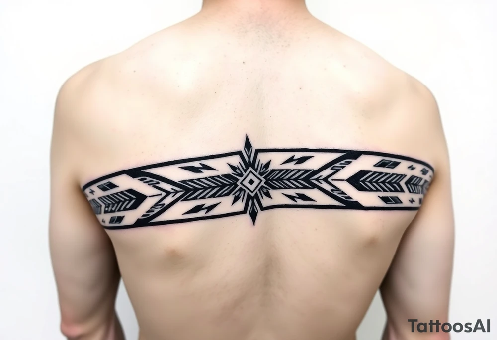 Tribal armband tattoo design, black geometric pattern, seamless band wrapping around arm, featuring stylized feathers, arrows and wolf teeth in symmetrical arrangement. Native American inspired ornamental pattern with sharp angular elements. Bold black lines, clean geometric shapes. Tribal motifs with feathers pointing outward, arrows interweaving through pattern, teeth elements creating border design. Continuous band approximately 3-4 inches wide. Minimalist black and white design with strong contrast. Professional tattoo art style, high detail, precise linework. tattoo idea