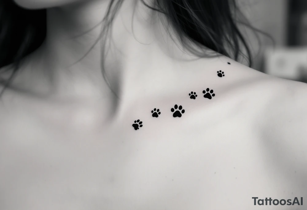 Minimalist Black Ink Paw Prints – A clean trail of small, solid black cat paw prints walking across the collarbone or ankle, representing subtle love and companionship. tattoo idea