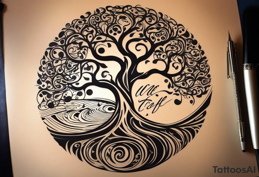 A tattoo design that incorporates the following elements: an abstract tree of life that has roots emerging  from the ground. Waves of water wrap around the tree in a non symmetrical design.  Incorporate musical notes into the tree. the letters U and A are overlapping and engraved into the tree. incorporate a golf ball or golf course symbols like a flag but not prominent. tattoo idea