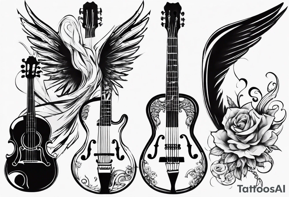 GUITAR AND VIOLIN LEANING AGAINST EACH OTHER
WITH ANGLE WINGS tattoo idea GUITAR AND VIOLIN LEANING AGAINST EACH OTHER
WITH ANGLE WINGS tattoo idea